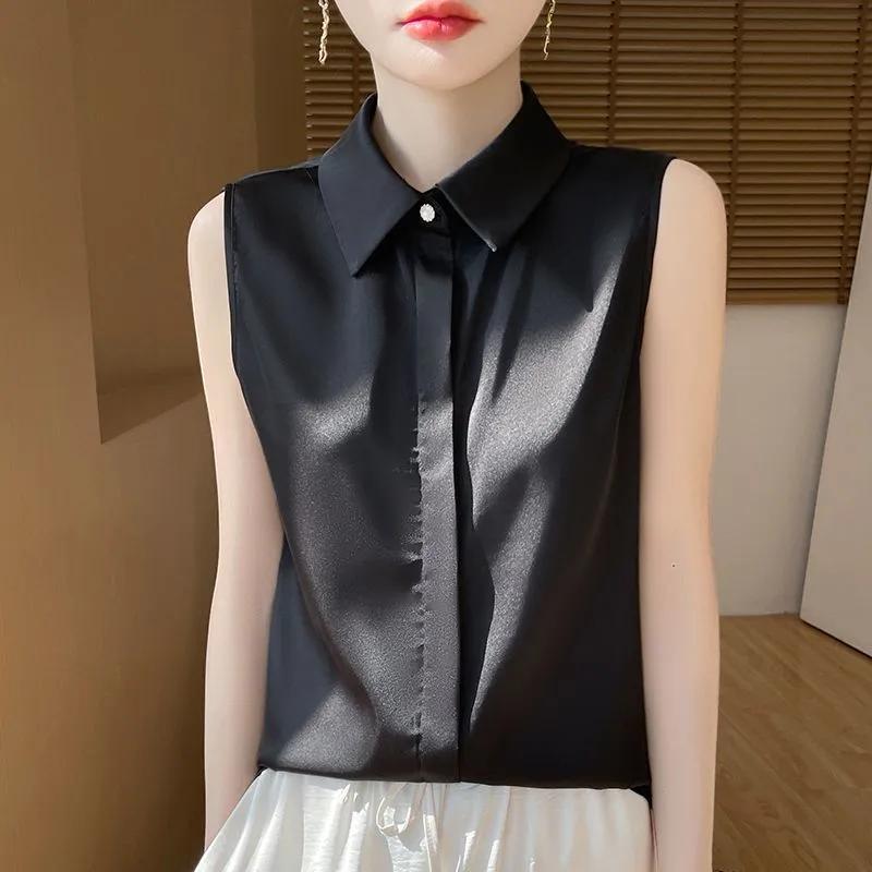 Women White Satin Lapel Sleeveless Button Down Shirt