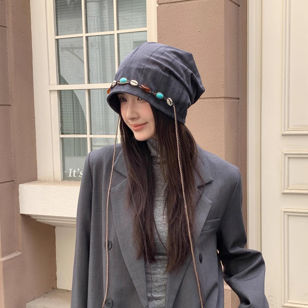 Autumn and winter retro big head circumference shows small and versatile face, warm and stacked hat woman