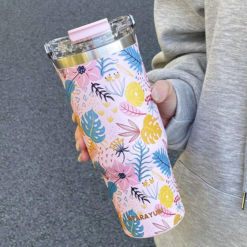 

30 унций Термос из нержавеющей стали с ручкой - 24 часа изоляции, чашка-непроливайка с соломинкой, автомобильная чашка для горячих и холодных напитков, дорожная кружка для офиса 801-900ml розовый