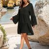 New Black Chiffon Medium and Long Horn Sleeves Fashionable Black Ruffle Edge Beach Bikini Blouse