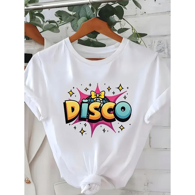 Women's Retro Disco Graphic Print T-Shirt - Short Sleeve Crew Neck Casual Top with Stars & Disco Ball Design, Vibrant Colors, Comfortable Fit Shirt
