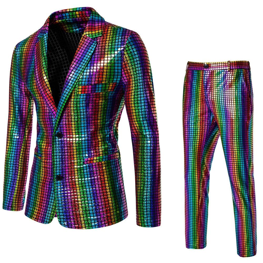 

Spring Autumn Men Rainbow Plaid Suit 2 Piece Gold Silver Fashion Male Luxury Dance Party Performance Blazer Jacket and Pants XS різнокольоровий