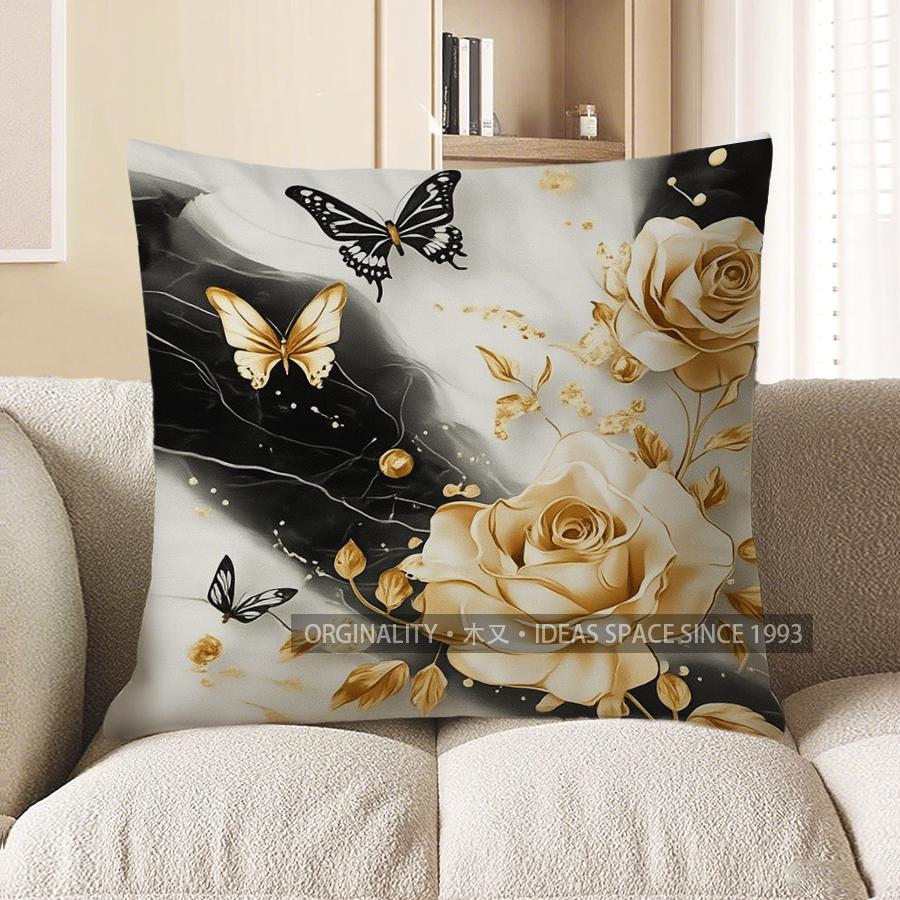 Home Decor Elegant Rose  & Butterfly Decorative Pillow Cover Pattern Cushion Cover Suitable For Sofa Bedroom Car Pillow Cover 40x40cm