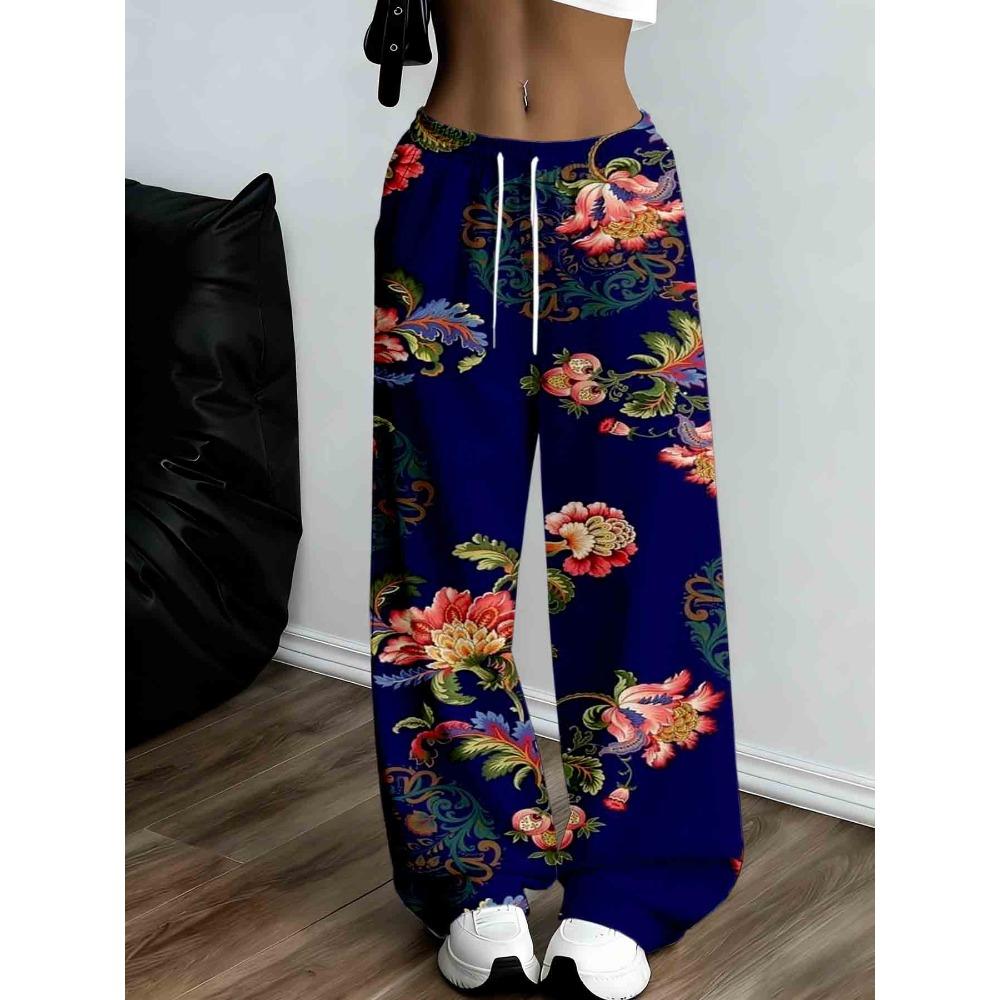 Women's wide-leg sweatpants, floral design, perfect for casual and comfortable home wear