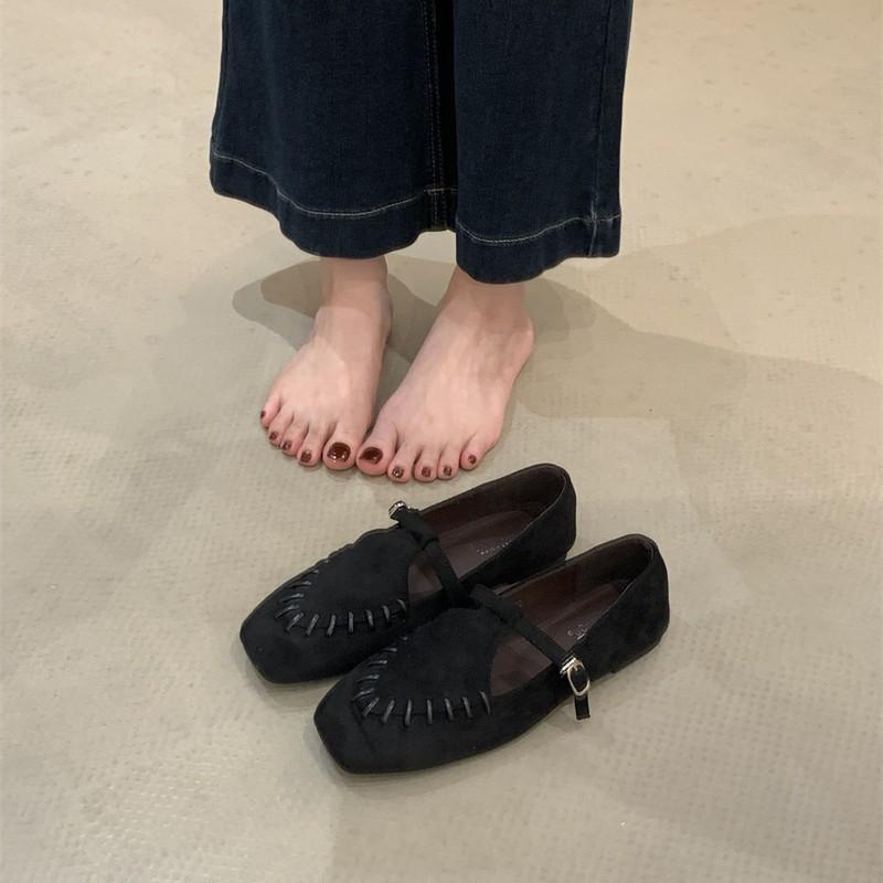 Suede Mary Jane Shoes Women's 2025 Autumn Soft-soled T-shaped with Shallow Mouth Flat-soled Single Shoes One-button Retro Small Leather Shoes