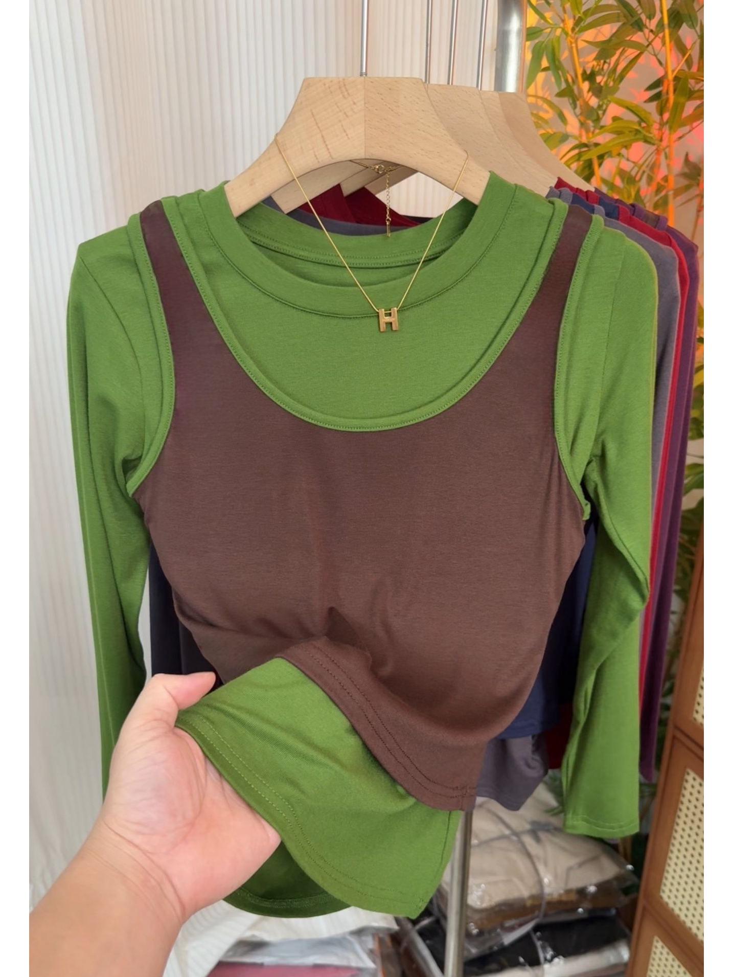 

Women s Genuine Two-Piece Color Block Layered Long Sleeve T-shirt - 2025 Trendy Design Versatile Base Layer Top XL (recommended 60-70 kg)