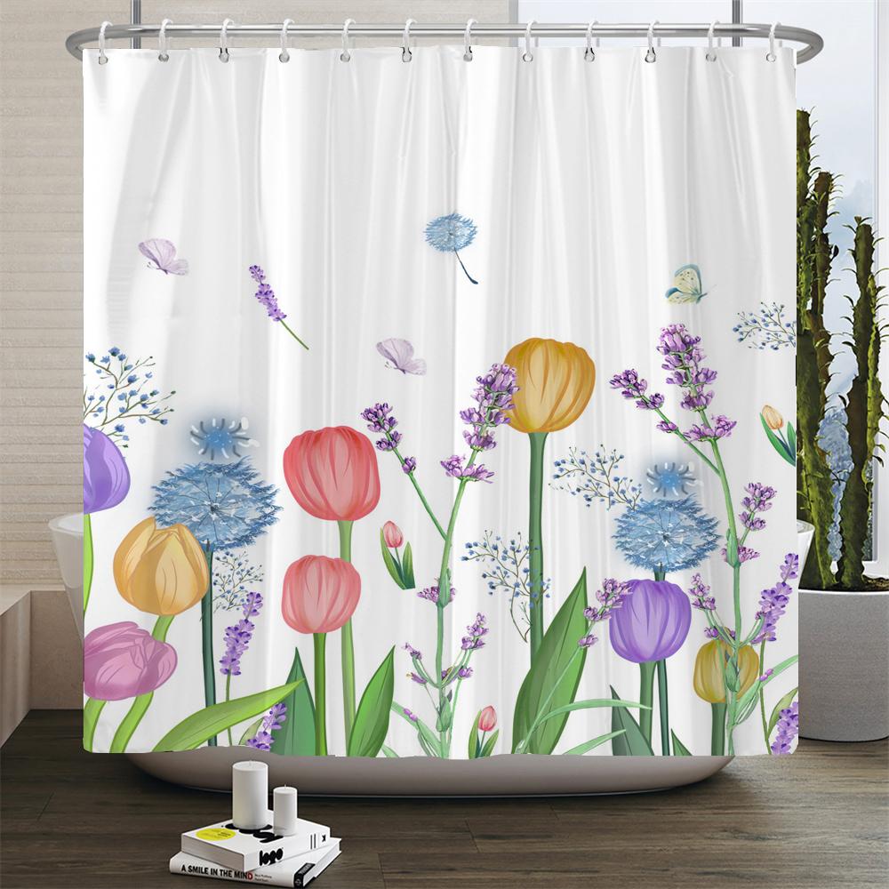 Plum Blossom Flower Leaves Shower Curtain Watercolor Plant Floral Pattern Waterproof Polyester Bathroom Curtain Decor With Hooks