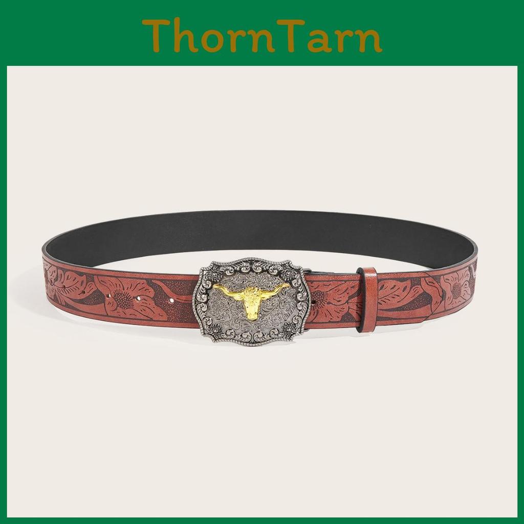 Western Cowboy Style Pu Belt With Cow Head Buckle For Casual Fashion Accessories