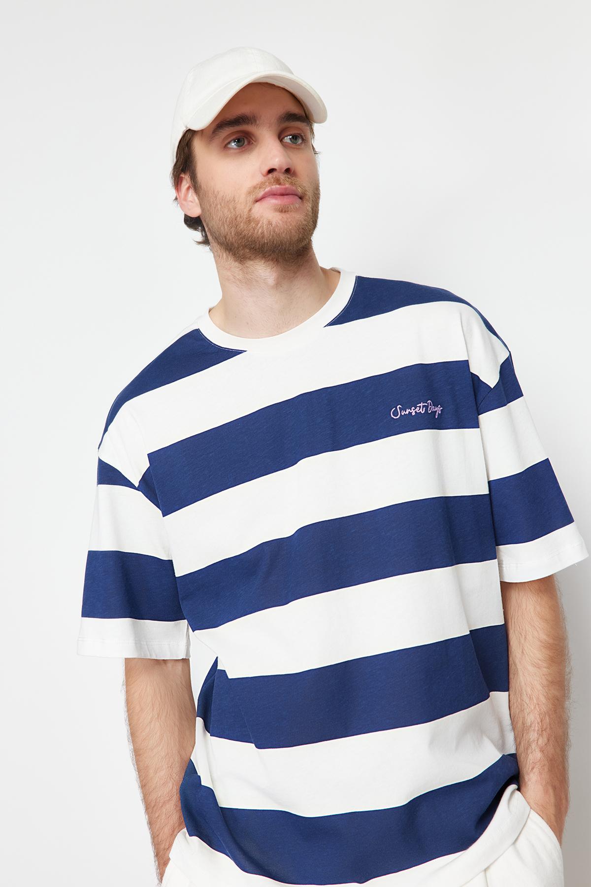 

Men s Fashion New T-Shirt Navy Blue Oversize Text Embroidered Striped 100% Cotton T-Shirt L темно-синий