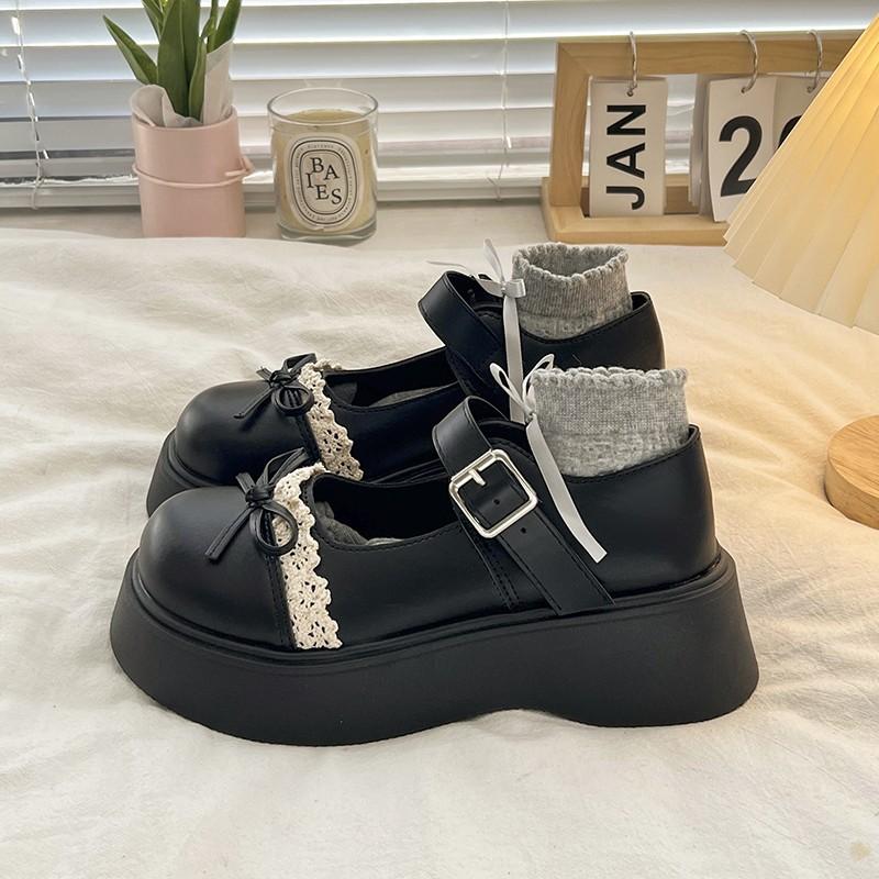 French Round Head Platform Small Leather Shoes Women's 2025 New Spring Versatile Bow Shallow Mouth Mary Jane Single Shoes