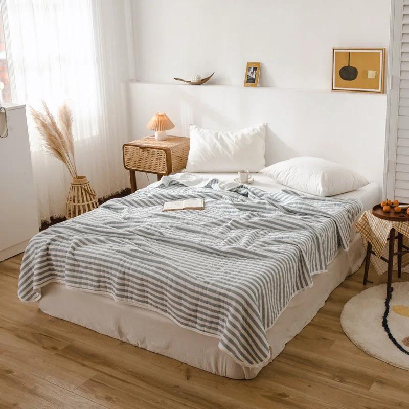 Stripes 100% Cotton Summer Blanket Bed Gentle Skin Friendly Queen Quilt Summer Air Conditioner Lightweight Comforter Breathable