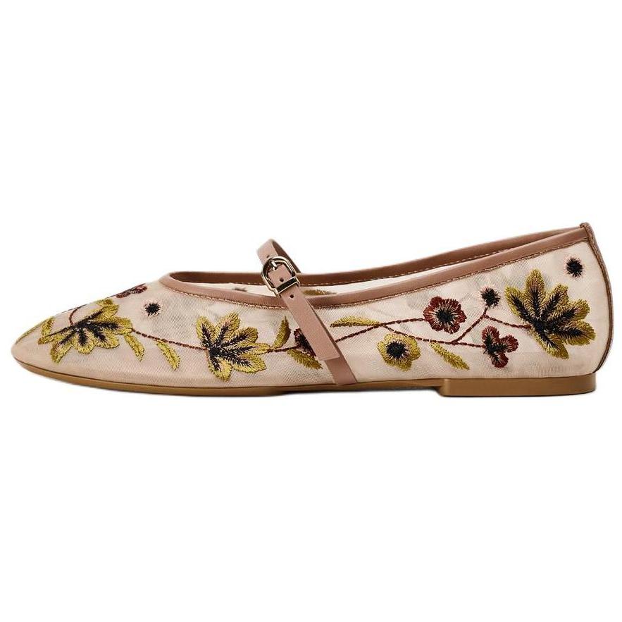 Zara Floral Embroidery Flat Mary Jane Shoes Women Shoes Rose-Red 12509410