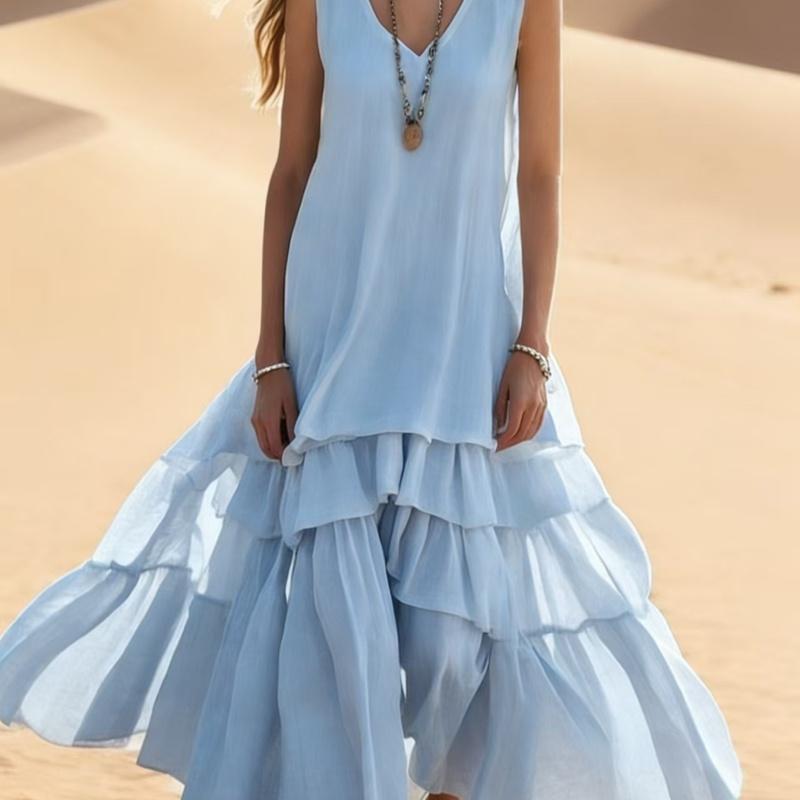 Women's Linen Blend Maxi Dress V Neck Sleeveless Tiered Loose Fit Casual Summer Dress
