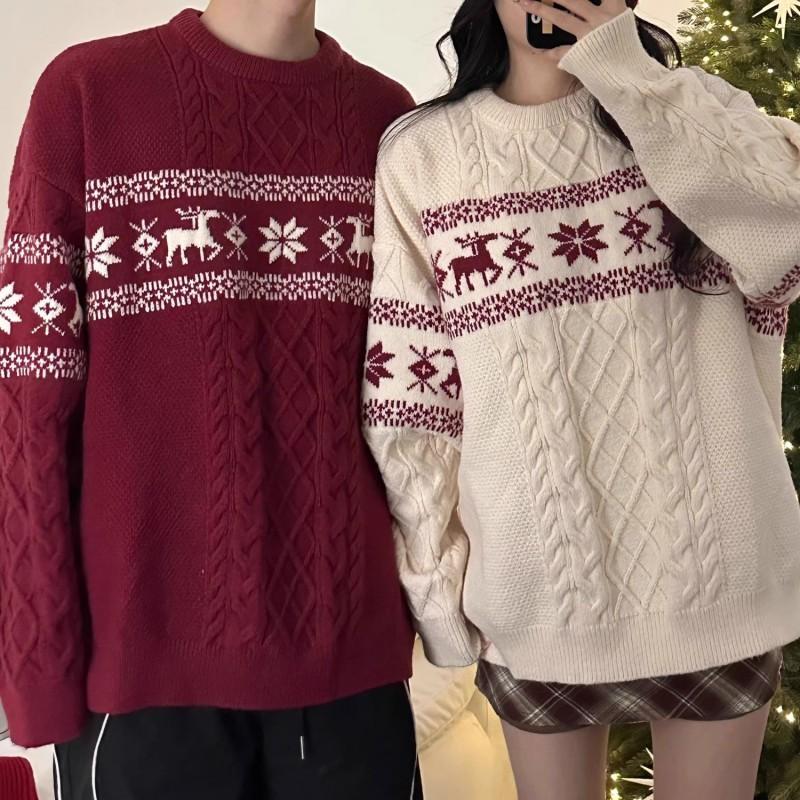 Unisex Nordischer Weihnachtsstrickpullover mit Hirschmotiv Zopfmuster Lockerer Schnitt Winterpullover Teenager Erwachsene