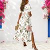 Women Plus Size Round Neck Short Sleeve Floral Printed White Side Slit A Line Long Dress