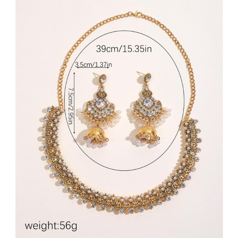 Vintage Sparkling Diamond Pearl Accessories Temperament Women's Necklace Earrings Jewelry Set