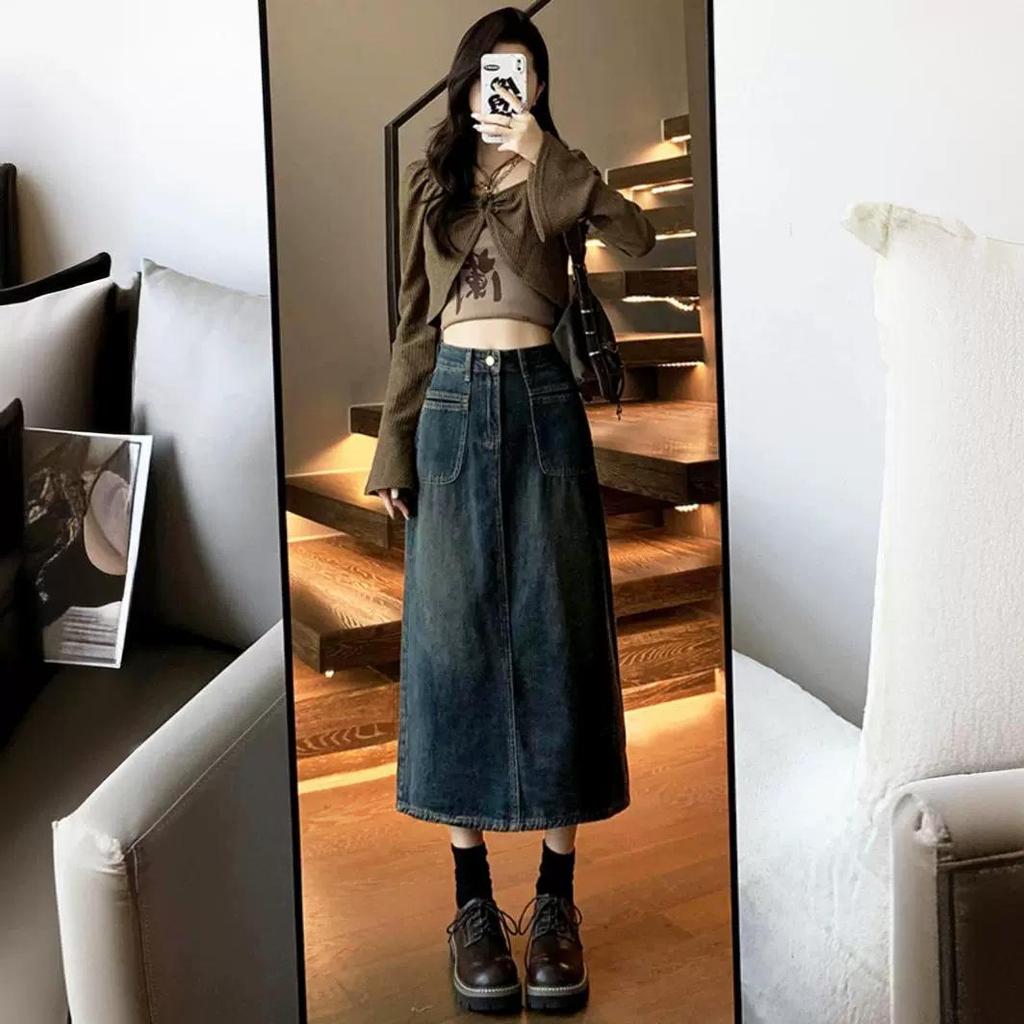 Spring & Autumn High-Waisted A-Line Denim Skirt for Petite Women - Mid-Length with Hip-Hugging Slit