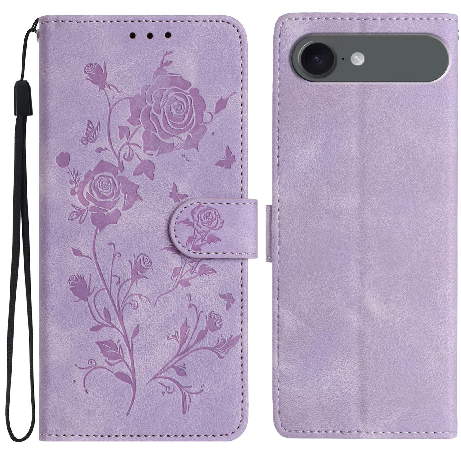 

For iPhone 17 Air Wallet Case Rose Pattern Imprinted Leather Flip Stand Phone Cover with Strap Light Purple