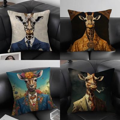 Funda de Almohada de Jirafa Vestida Estilo Retro Tela de Felpa Suave Estampado a Doble Cara Decorativa para el Hogar Sala de Estar Cojín de Regalo Cubierta