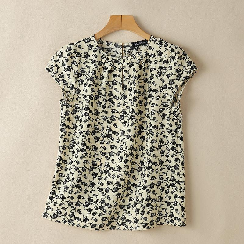 

ZANZEA Womens Vintage Short Sleeve Floral Pleated Design Blouses S бежевый