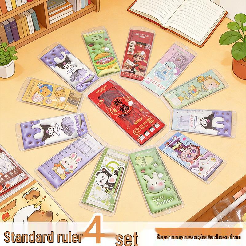 Cute Cartoon Student Ruler Set: Transparent 20cm Straight Ruler, Triangle Ruler, Protractor - 4 Pieces