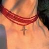 Y2k Subculture Sliver Color Cross Pendant Multi-layer Fold Wear Red Crystal Beaded Necklace for Women Men Collar Chain Jewelry