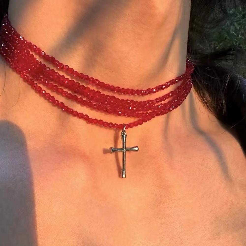 Y2k Subculture Sliver Color Cross Pendant Multi-layer Fold Wear Red Crystal Beaded Necklace for Women Men Collar Chain Jewelry