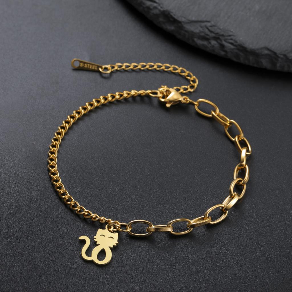 Lucktune Cute Cartoon Kitten Pendant Bracelets for Women Stainless Steel Sweet Cat Animal Chain Bracelets Fashion Jewelry Gifts