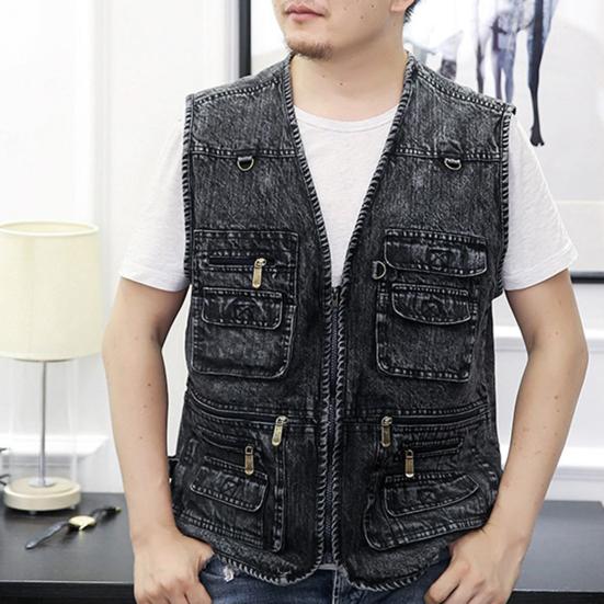 Spring Autumn Men Vest Multiple Pockets Solid Color Streetwear Plus Size Loose V Neck Sleeveless Outerwear Waistcoat for Fishing