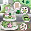 St. Patrick's Day Tiered Tray Decor, Pink Green Farmhouse Tray Decorations, Lucky Polka Dot Shamrock Clover Top Hat Wooden Signs, Rustic Spring