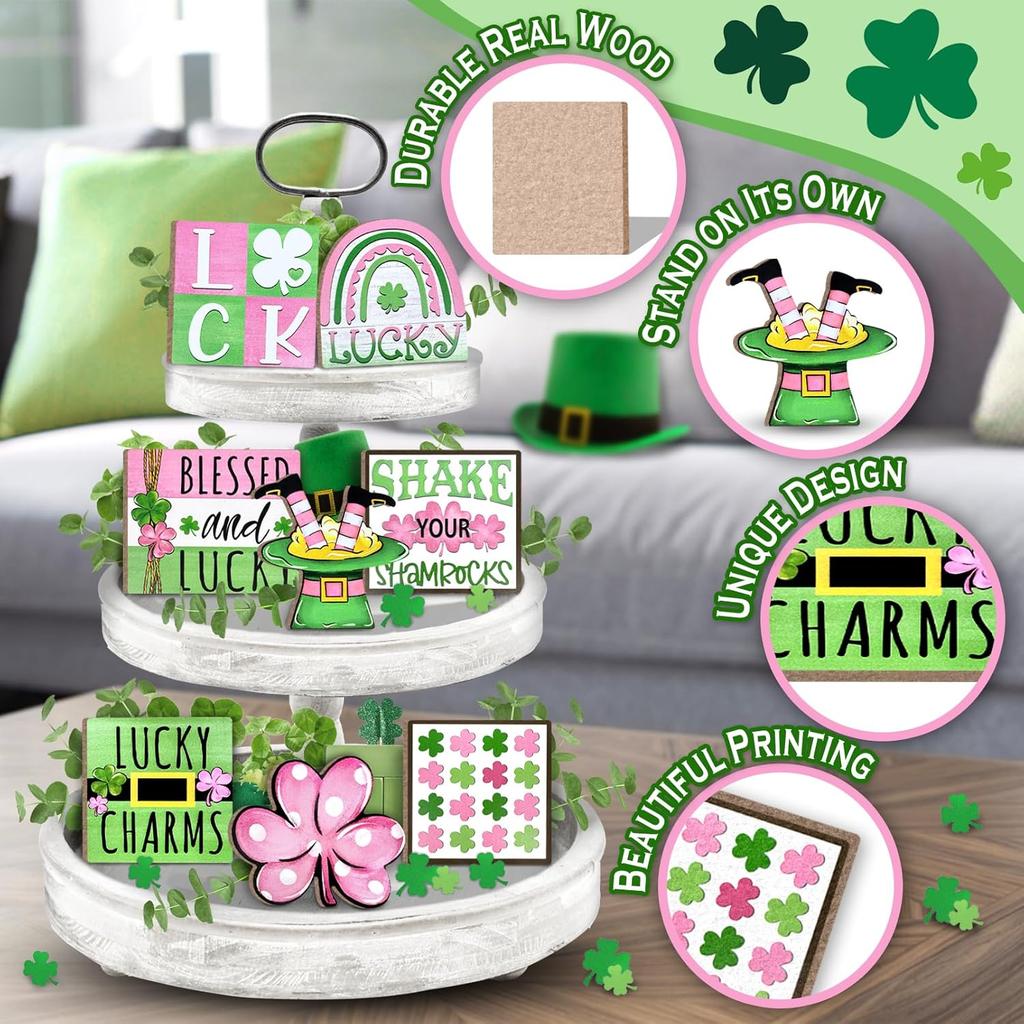 St. Patrick's Day Tiered Tray Decor, Pink Green Farmhouse Tray Decorations, Lucky Polka Dot Shamrock Clover Top Hat Wooden Signs, Rustic Spring
