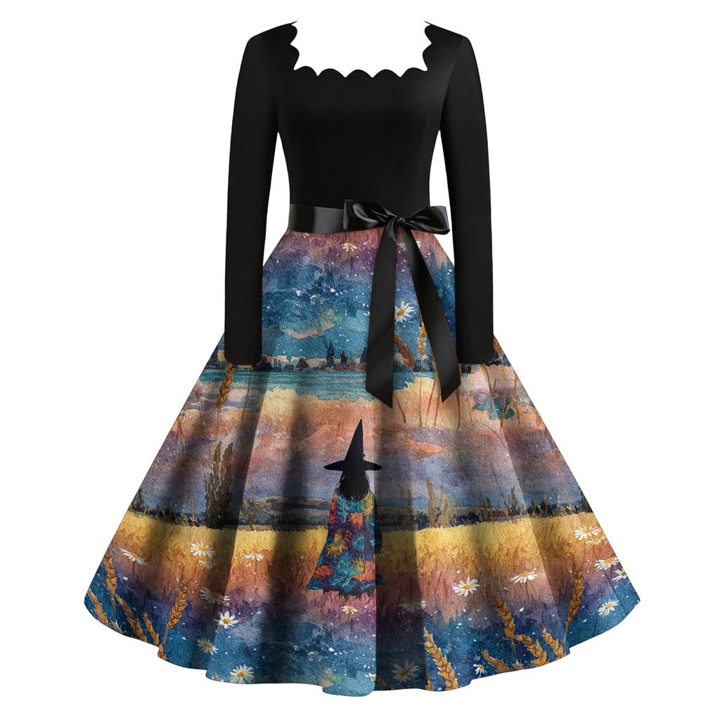 Women's Retro Long Sleeve Square Neck Halloween Print Party Dress