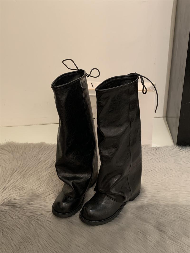 

Korean version of trouser boots women s 2025 autumn and winter new Maillard retro pleated knight boots stacked boots 39
