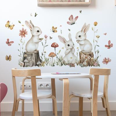 2 Pcs Cartoon Bunny Flowers and Leaves Bedroom Living Room Home Background Beautification Decoration Wall Stickers