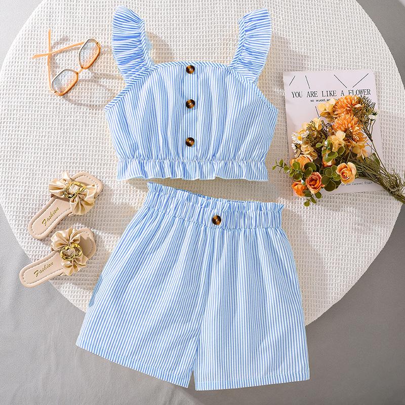 

Модный костюм для девочек 2025 года, летний детский повседневный комплект из двух предметов: полосатый жилет с бретелькой через шею и шорты 140cm=9Y синий