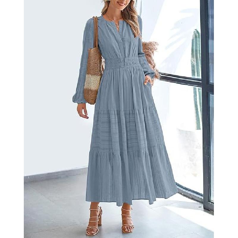 Abito da donna a maniche lunghe con scollo a V, pieghettato e a maniche a sbuffo