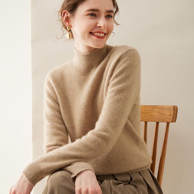 Women's Cashmere Half High Neck Slimming Solid Color Sweater for Autumn/Winter