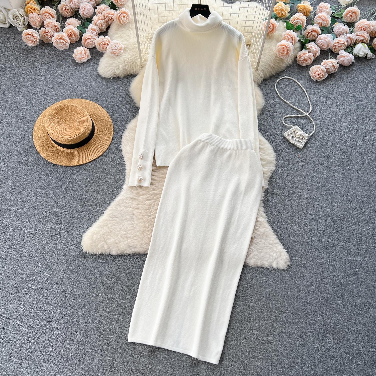 

Зимний отдых, стильный вязаный комплект из двух предметов, женский шикарный пуловер с высоким воротником, макси, облегающая юбка в рубчик, модная одежда, наряд One Size