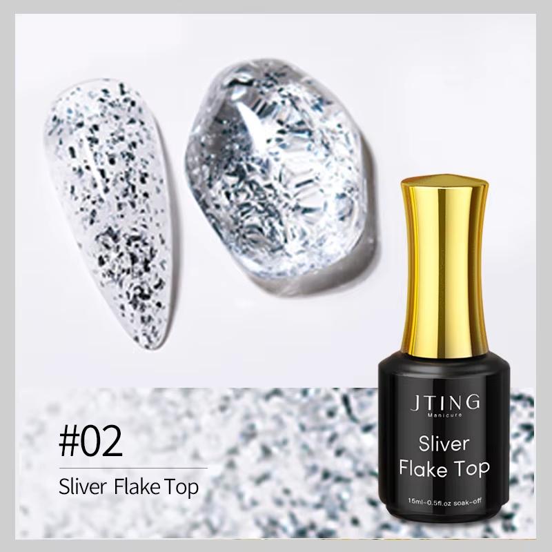 JTING Hot Popular Gold Silver Foil Flake Top Coat Gel Polish OEM ODM Private Label Flake Nail Gel Esmaltes En Gel Efecto Flake