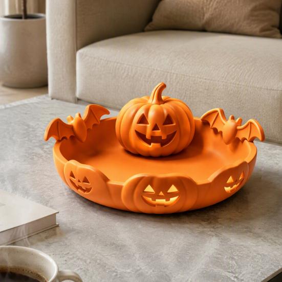 Candy Storage Dish Halloween Pumpkin Tray, Bat Relief Holder, 3D Printed Retro Face Bowl Desktop Bowl, Spooky Tabletop Ornament for Party Decor Window