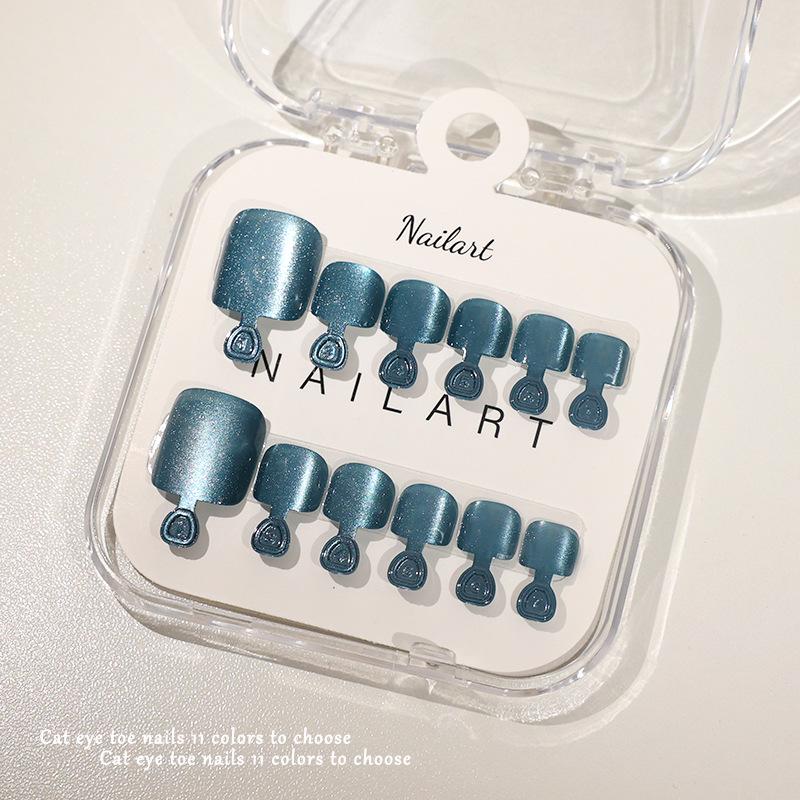 10 Pcs/Box French Fake Nails Glossy Cat-Eye Nail Art Design Short Square Press On Nail Full Cover False Toe Nail Extension