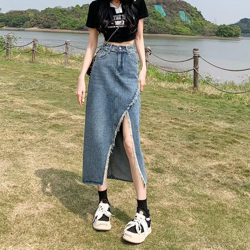 2026 Women s Designer High-Waisted Retro Denim A-Line Slit Skirt Small синий