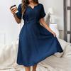 European and American Large-size Summer New Temperament Elegant V-neck Solid Color Knee-length Short-sleeved Dress