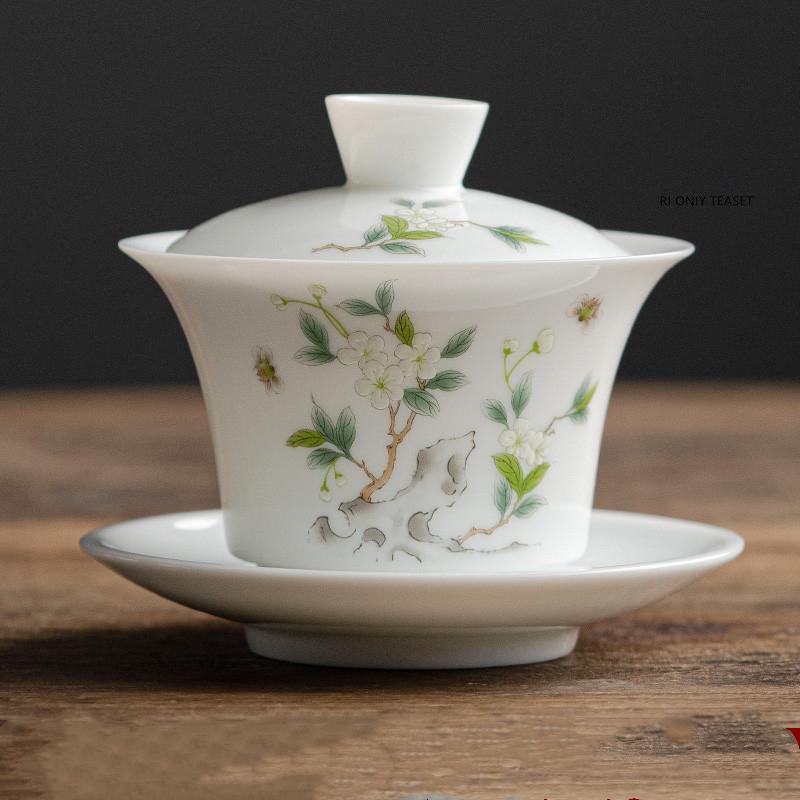 Chinese Ceramic Tea Tureen Handmade Flowers Teacup Suede Jade White Porcelain Gaiwan Travel Portable Tea Bowl Household Tea Set
