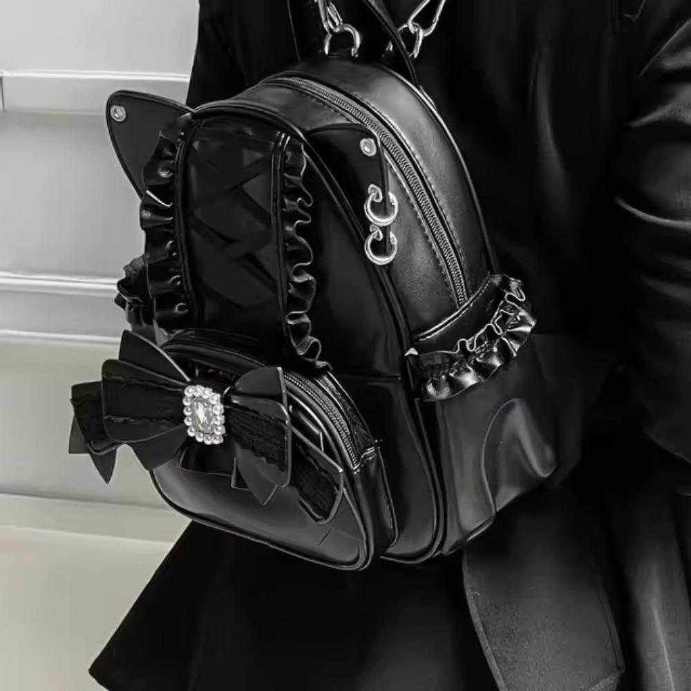 Cute PU Leather Backpack Lolita Lace Shoulder Bag Cat Ear Japanese Style Schoolbag