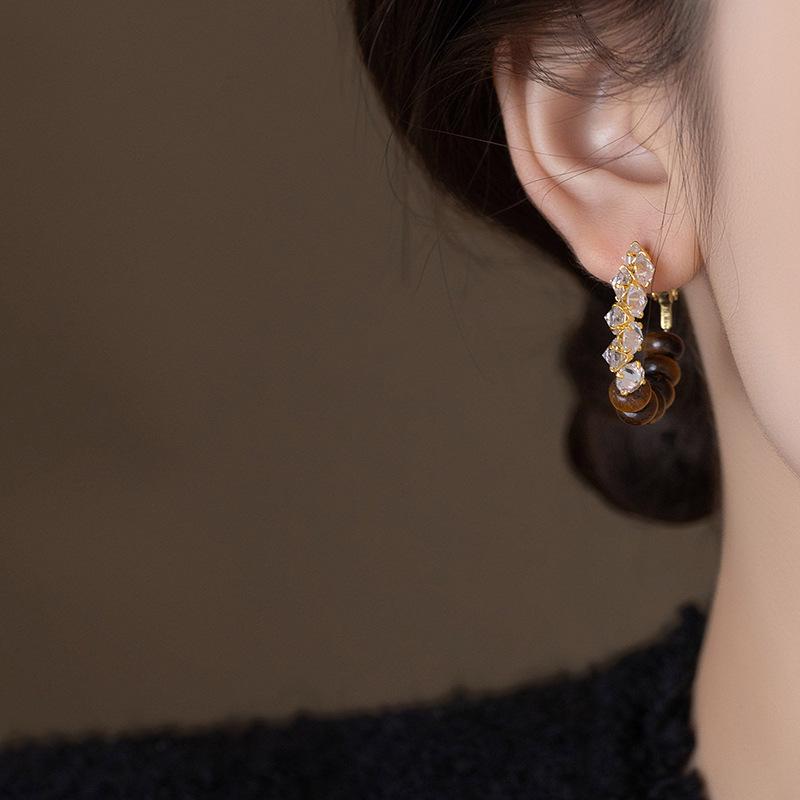 Silver Needle Retro Tiger Eye Zircon Round Earrings - Maillard Style Luxury Studs.