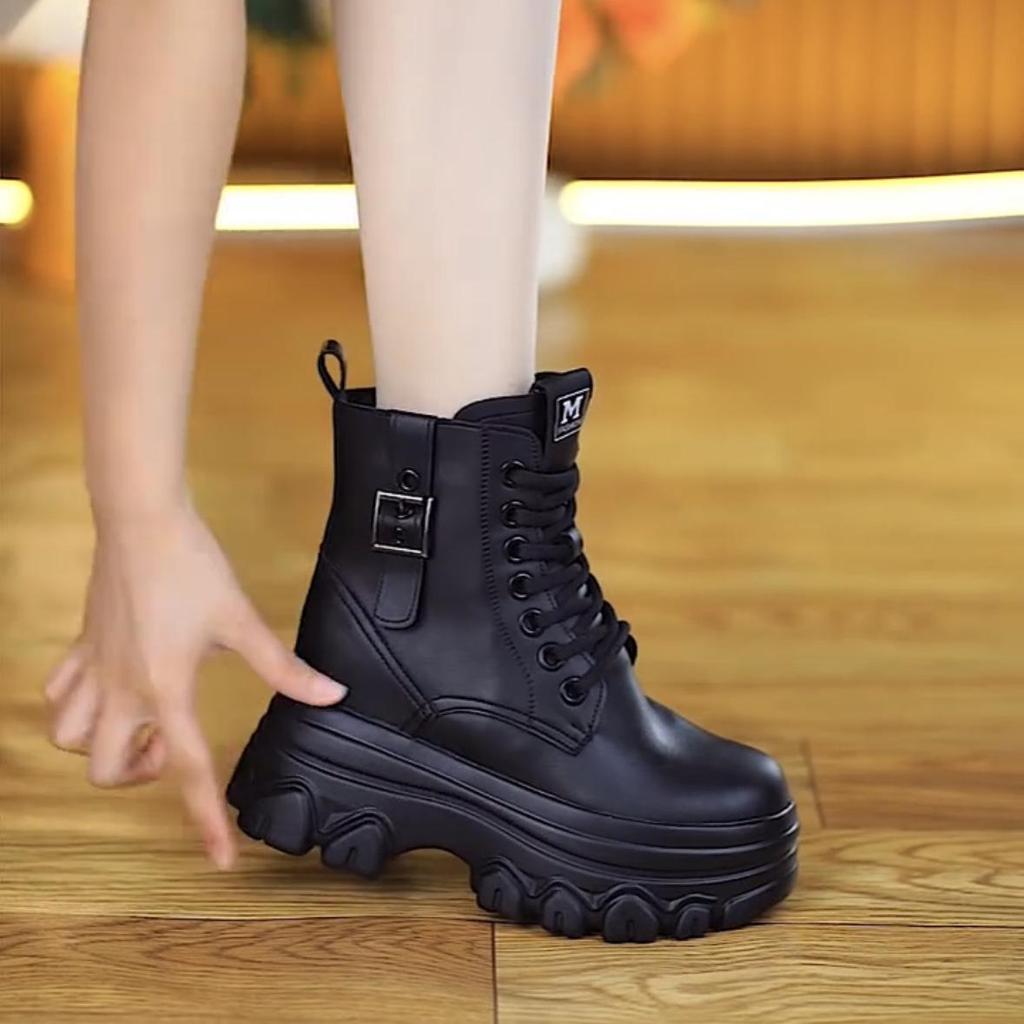 Genuine Leather Height-Boosting Women's Ankle Boots - Thick Sole, Non-Slip, Warm, Plus Velvet Lining for Autumn/Winter