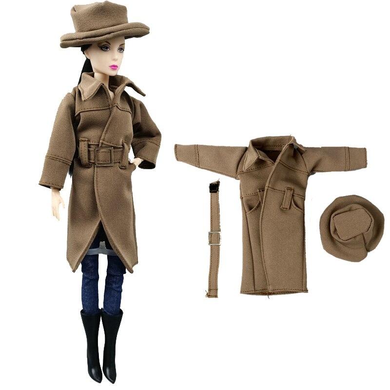 Winter Warm Fashion Office Khaki Coat for Barbie Doll Outfits Clothes Hat for Barbie Doll Black High Heel Shoes for 1:6 BJD Doll