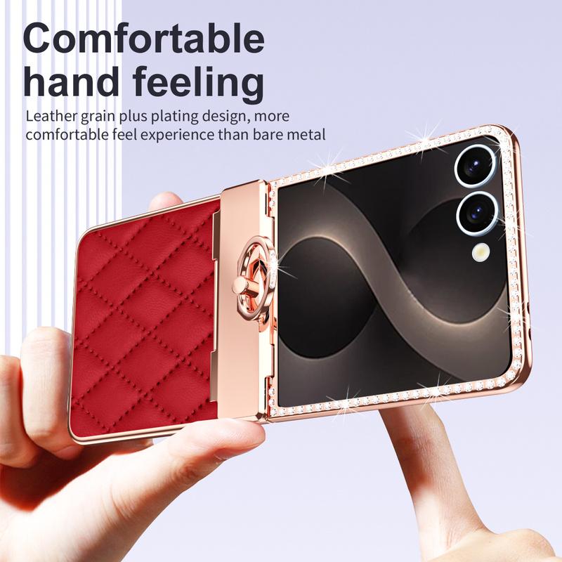 Luxury Diamond PU Leather Phone Case for Samsung Z Flip 8 7 6 5 4 Flip6 Flip7 Flip8 Ring Holder Hinge Protective Cover Women