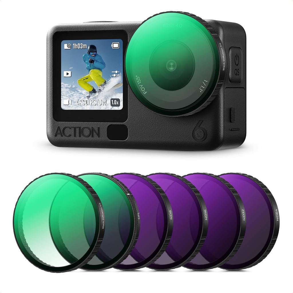 CONCEPT OSMO ACTION 6 Filter Set ND8 ND16 ND32 ND64 Black light lens optical glass ideal for K&F (CPL + + + + + 1/4 Mist) - Anti-reflective, control,